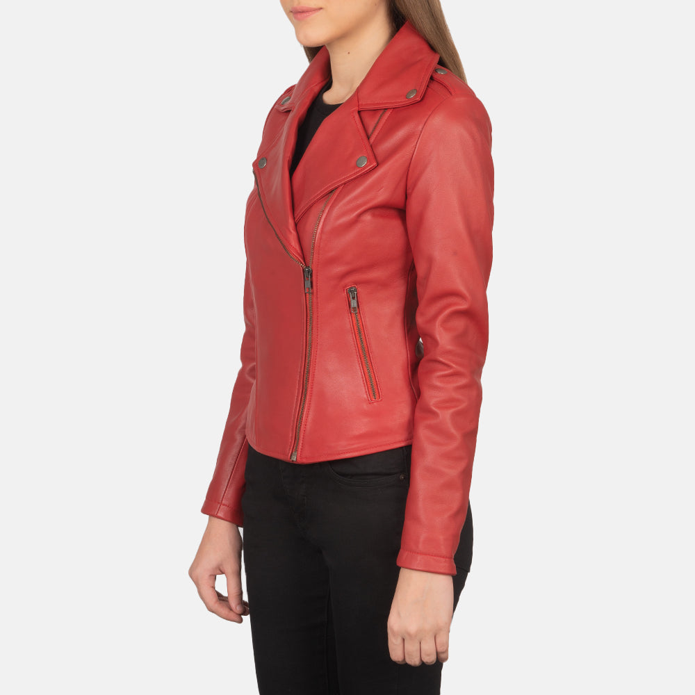 Red Sheepskin Leather Biker Jacket - Back View Showing Tailored Shoulder Fit & Clean Hemline