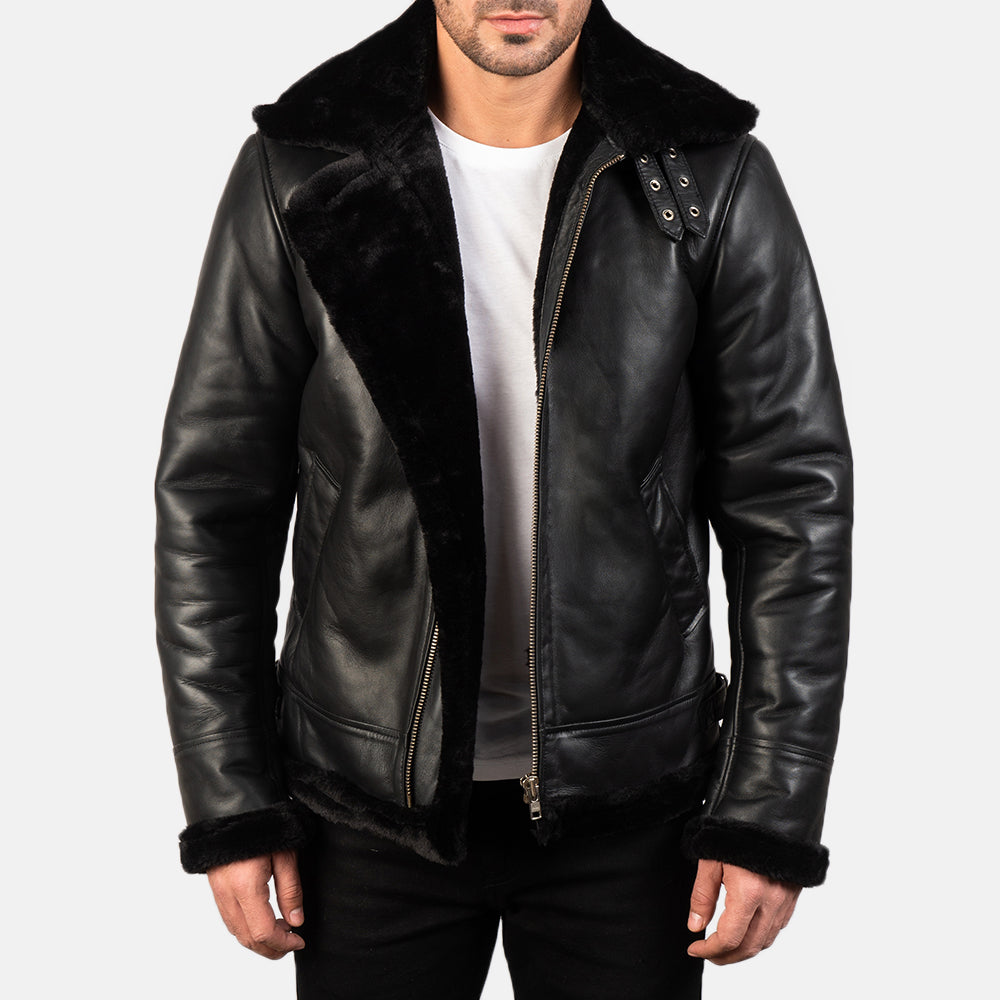 Roll-back Cuffs & Hem Craftsmanship Construction Detail on Men's Francis B-3 Black Leather Bomber Jacket