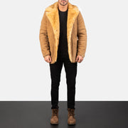 Men's Furlong Beige Leather Coat - Lateral Side Profile View Showing Sleeve Cut & Athletic Taper Fit