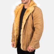 Close-Up Detail of Notch & Button Hardware on Men's Furlong Beige Leather Coat