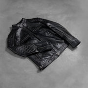 Zipper & Hem Craftsmanship Construction Detail on Men's Gatsby Quilted Black Leather Biker Jacket