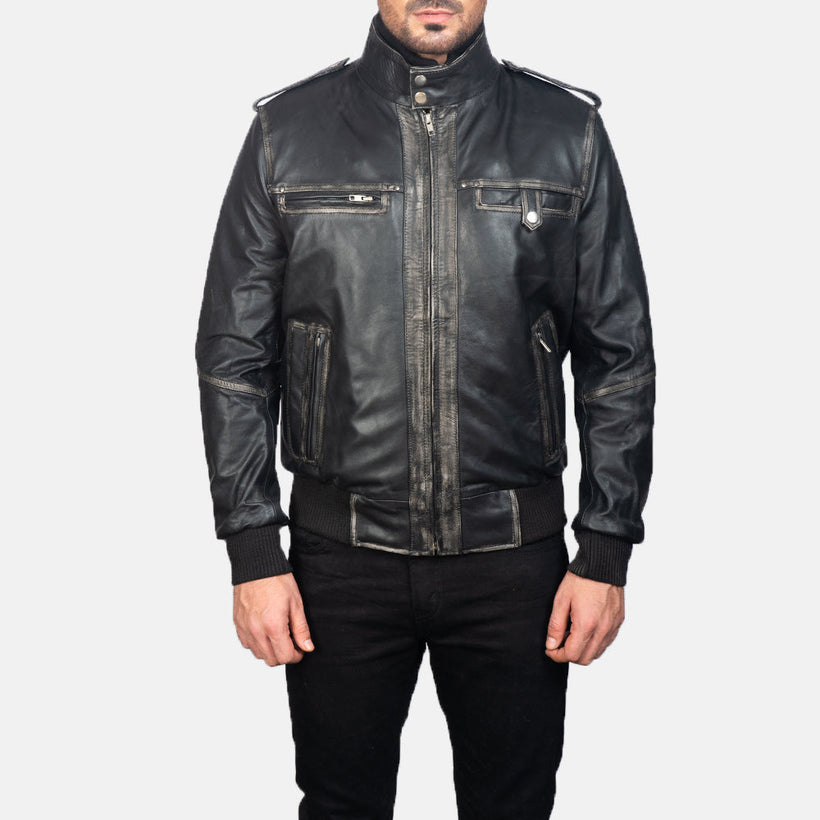 Glen Street Black Leather Bomber Jacket in Black Cowhide Leather - Front Profile View & Tailored Silhouette | Buy Online