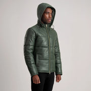 Styled Fit Perspective of Gordon Tan Hooded Leather Puffer Jacket on Model - Natural Daylight Drape