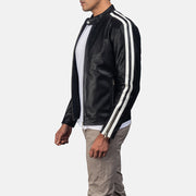 Close-Up Detail of Band with snap button & Zipper Hardware on Hank Black Leather Biker Jacket