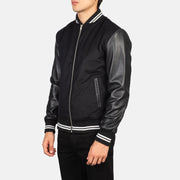 Black Sheepskin Leather Varsity Jacket - Back View Showing Tailored Shoulder Fit & Clean Hemline