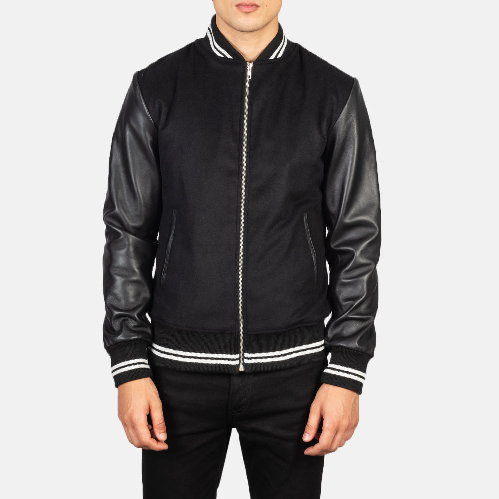 Harrison Black Hybrid Varsity Jacket - Lateral Side Profile View Showing Sleeve Cut & Athletic Taper Fit