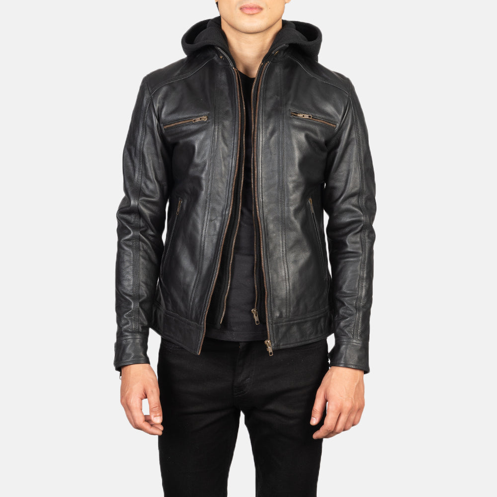 Hector Black Hooded Leather Biker Jacket - image 1