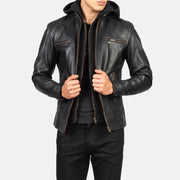 Hector Black Hooded Leather Biker Jacket - image 4