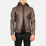 Men's Hector Brown Hooded Leather Biker Jacket in Brown Cowhide Leather - Front Profile View & Tailored Silhouette | Buy Online