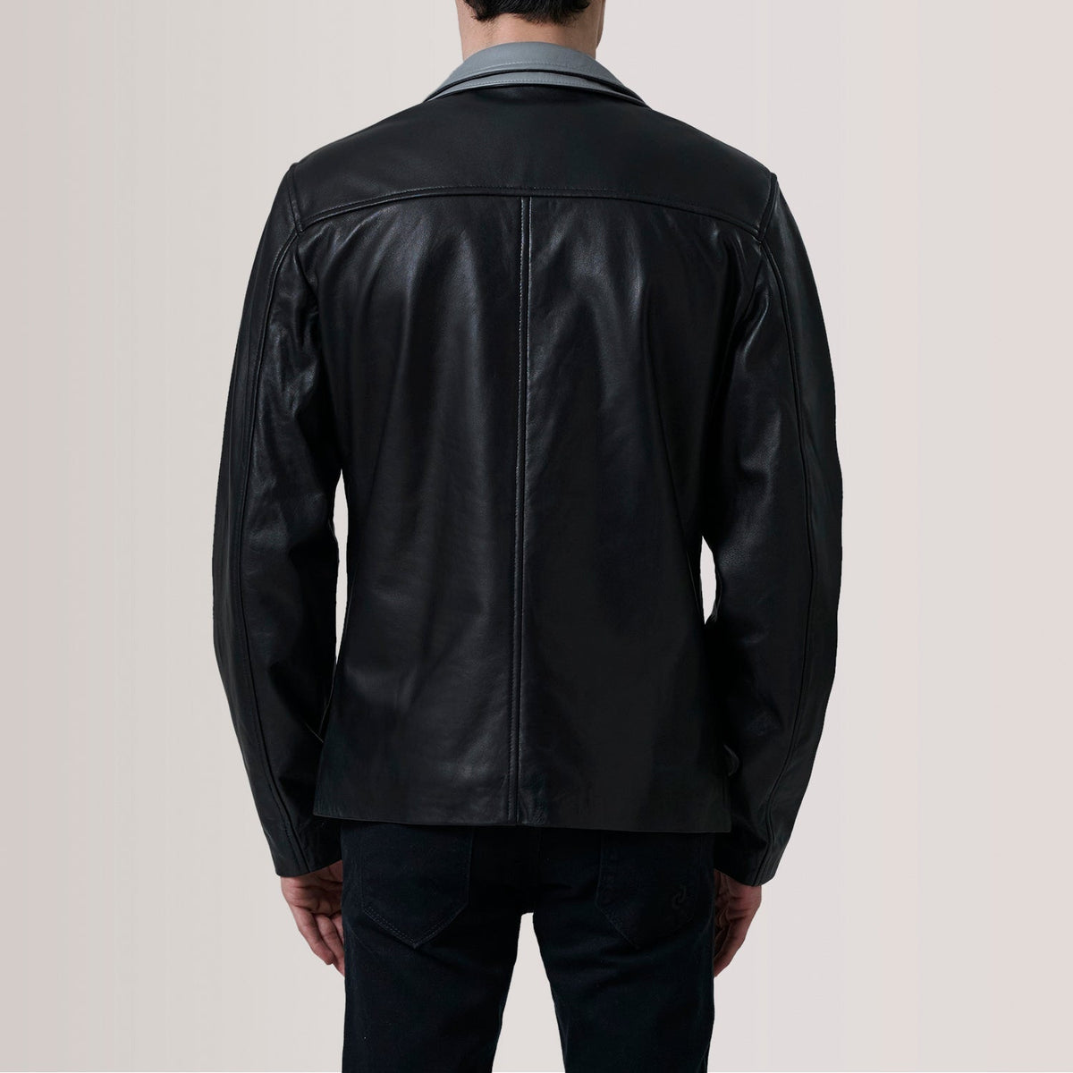 Close-Up Detail of Band Collar with Snap Button & Zipper with placket Hardware on Henrik Grey Suede Cafe Racer For Men