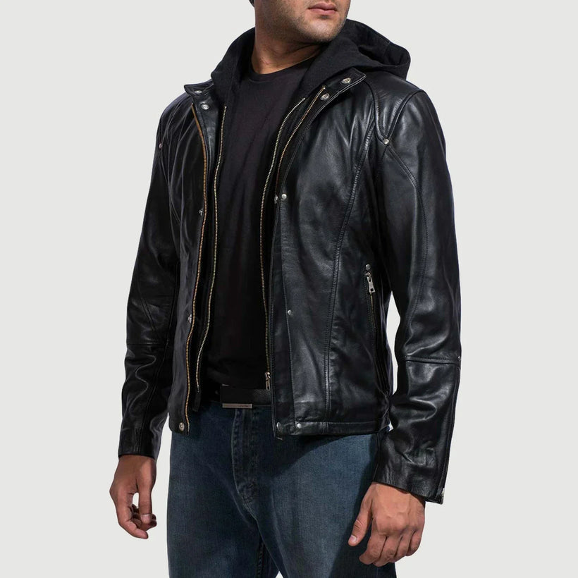 Highschool Black Hooded Leather Jacket – alternate product view 2