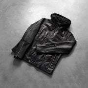 Styled Fit Perspective of Men's Highschool Black Leather Jacket on Model - Natural Daylight Drape