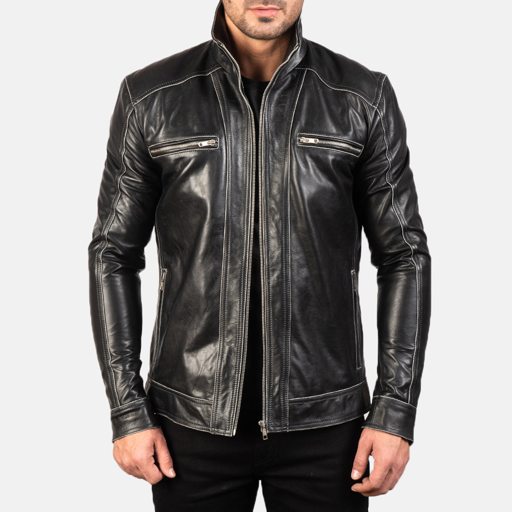 Hudson Black Leather Biker Jacket in Black Cowhide Leather - Front Profile View & Tailored Silhouette | Buy Online