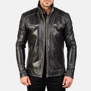Hudson Black Leather Biker Jacket in Black Cowhide Leather - Front Profile View & Tailored Silhouette | Buy Online