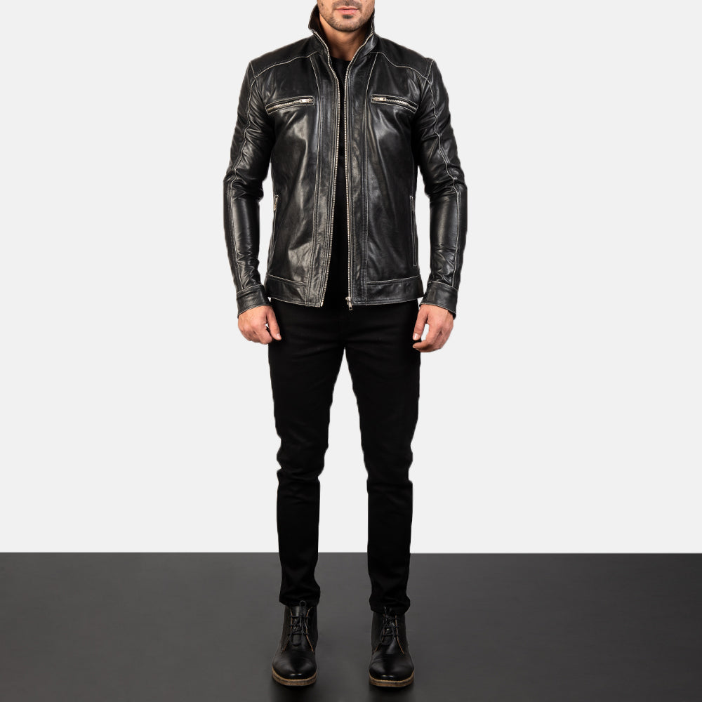 Hudson Black Leather Biker Jacket - Lateral Side Profile View Showing Sleeve Cut & Athletic Taper Fit