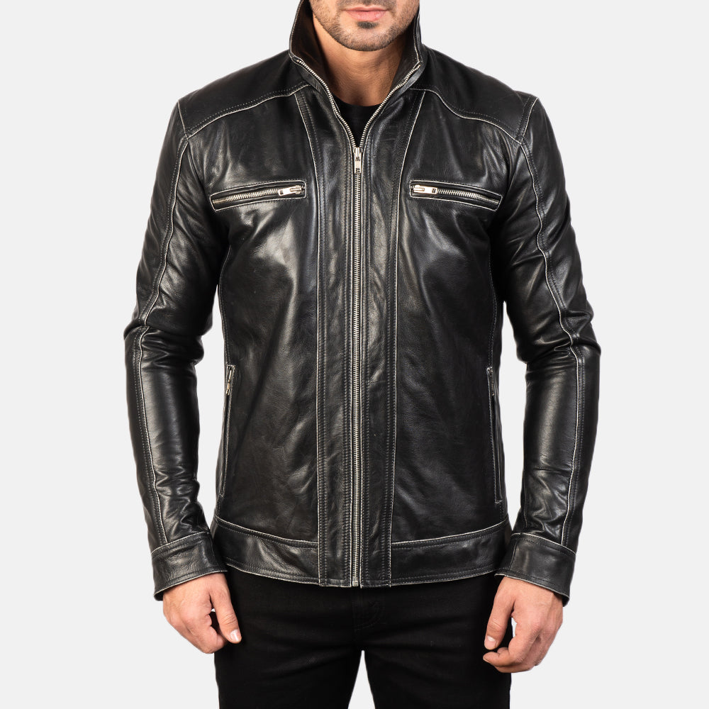 Close-Up Detail of High neck Band & Zipper Hardware on Hudson Black Leather Biker Jacket