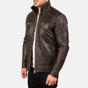 Styled Fit Perspective of Hudson Black Leather Biker Jacket on Model - Natural Daylight Drape