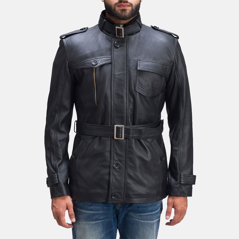 Hunter Black Leather Jacket in Black Sheepskin Leather - Front Profile View & Tailored Silhouette | Buy Online
