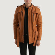 Hunter Tan Brown Fur Leather Jacket in Tan Brown Sheepskin Leather - Front Profile View & Tailored Silhouette | Buy Online