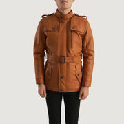 Close-Up Detail of Band (Buttoned) & Zipper with Button Flap Hardware on Hunter Tan Brown Fur Leather Jacket