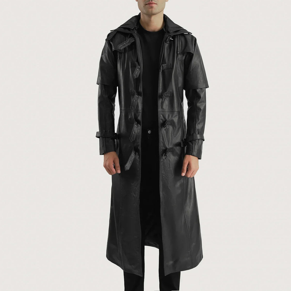 Huntsman Black Hooded Leather Trench Coat in Black. Cowhide Leather - Front Profile View & Tailored Silhouette | Buy Online