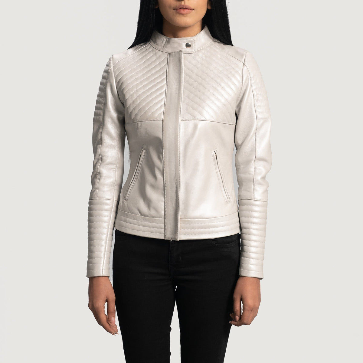 Women's Ice Maiden Silver Quilted Leather Biker Jacket in Silver Sheepskin Leather - Front Profile View & Tailored Silhouette