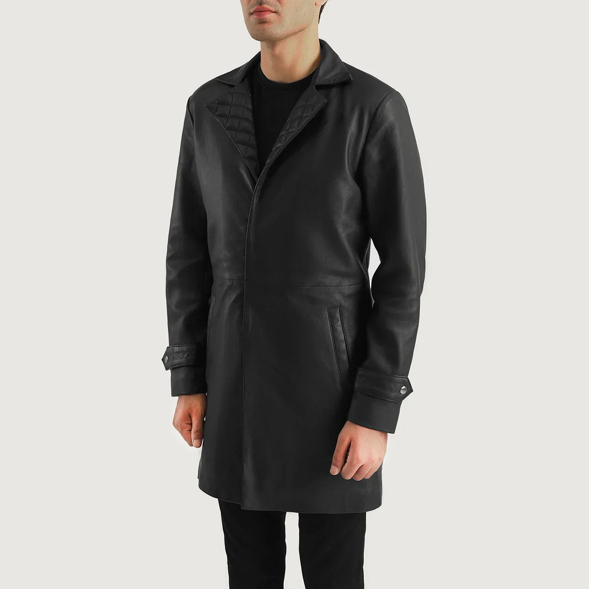 Black Sheepskin leather Coat - Back View Showing Tailored Shoulder Fit & Clean Hemline