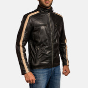Close-Up Detail of Band with snap button & Zipper Hardware on Men's Jack Black Leather Biker Jacket
