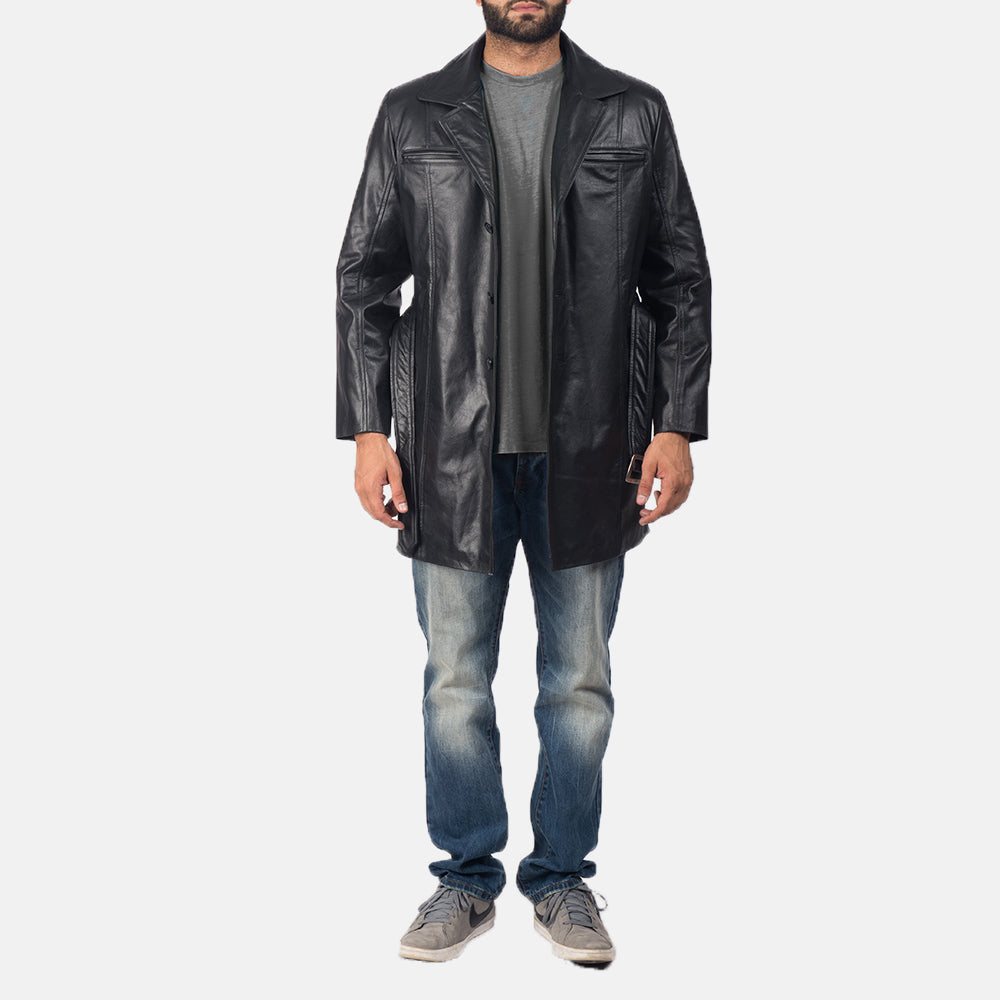 Men's Jordan Black Leather Coat - Lateral Side Profile View Showing Sleeve Cut & Athletic Taper Fit