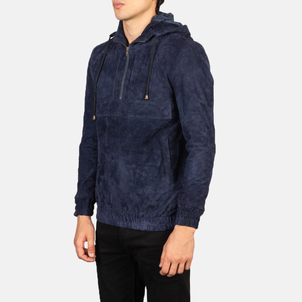Styled Fit Perspective of Men's Kenton Hooded Blue Suede Pullover Jacket on Model - Natural Daylight Drape