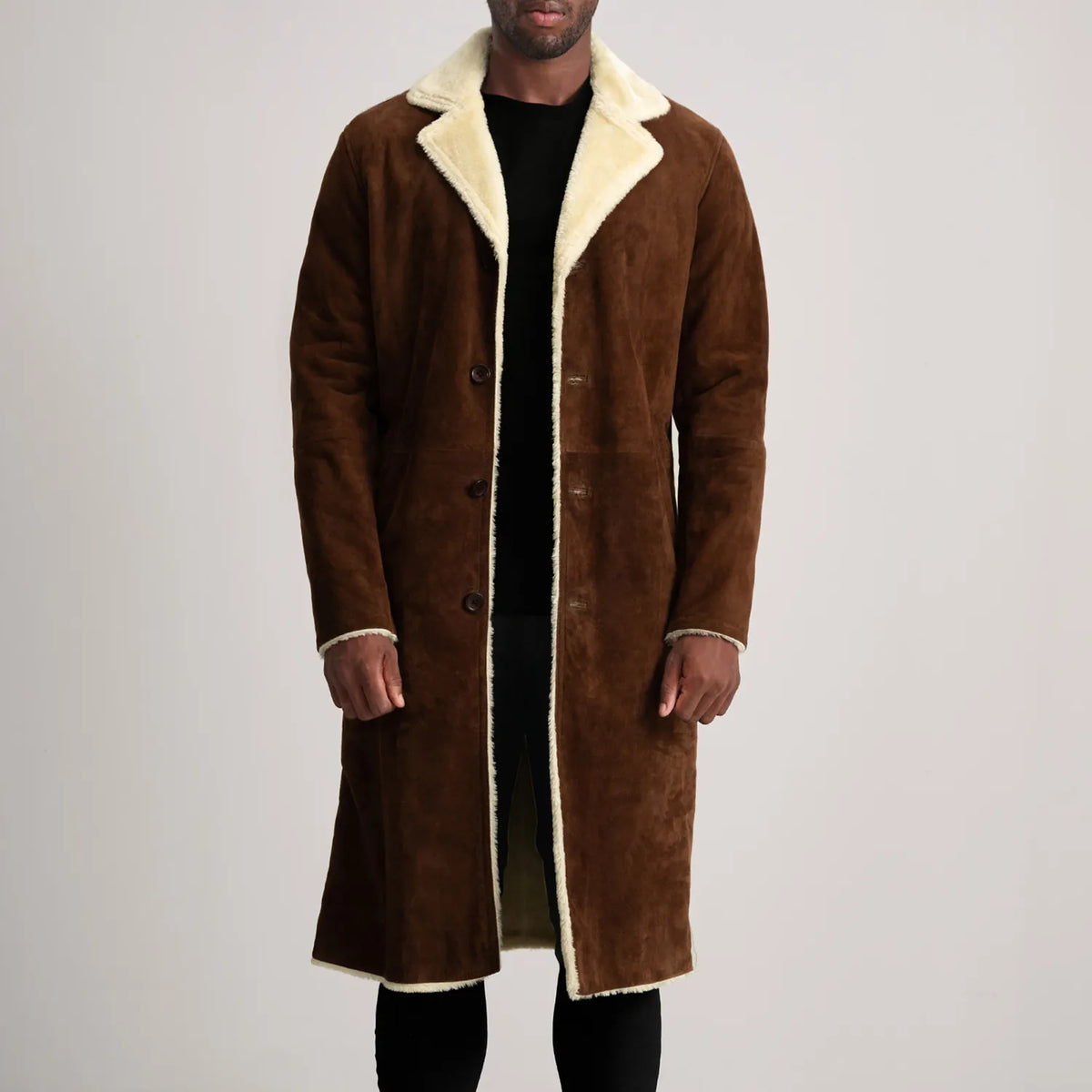 Kolby Brown Suede Shearling Long Coat in Brown Goatskin Suede - Front Profile View & Tailored Silhouette | Buy Online