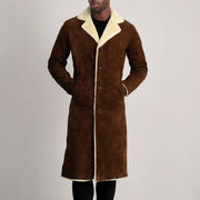 Close-Up Detail of Notch & Button Hardware on Kolby Brown Suede Shearling Long Coat