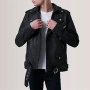 Kole Distressed Black Leather Double Rider Jacket in Distressed Black Sheepskin Snuffed - Front Profile View & Tailored Silhouette | Buy Online