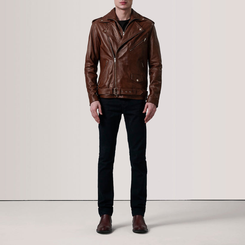Distressed Brown Sheepskin Burnished Biker Jacket - Back View Showing Tailored Shoulder Fit & Clean Hemline