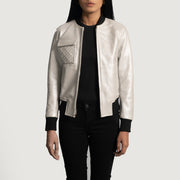 Women's Lana Silver Leather Bomber Jacket in Silver Sheepskin Leather - Front Profile View & Tailored Silhouette | Buy Online