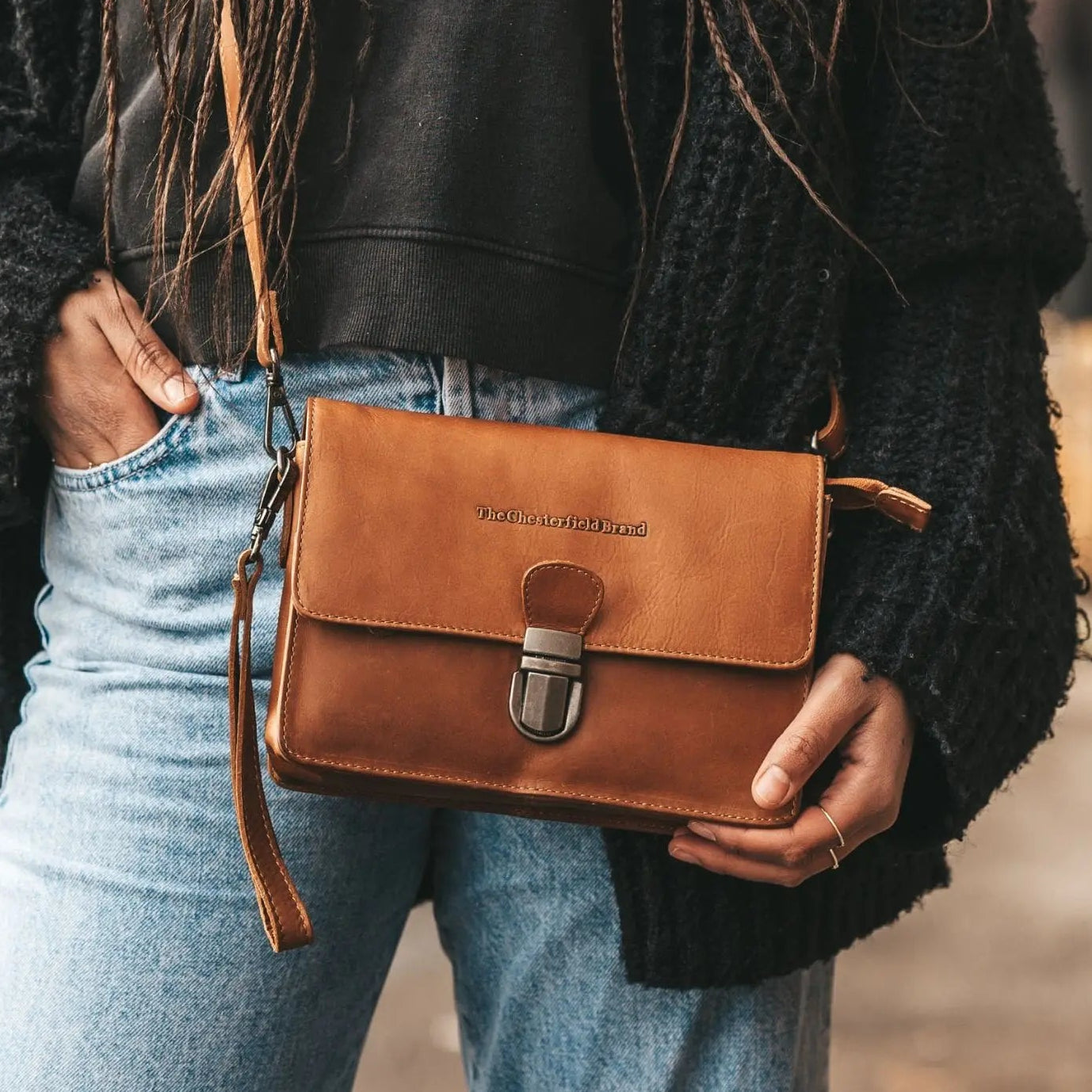Cognac Leather Crossbody Bag Lucca, product view 2