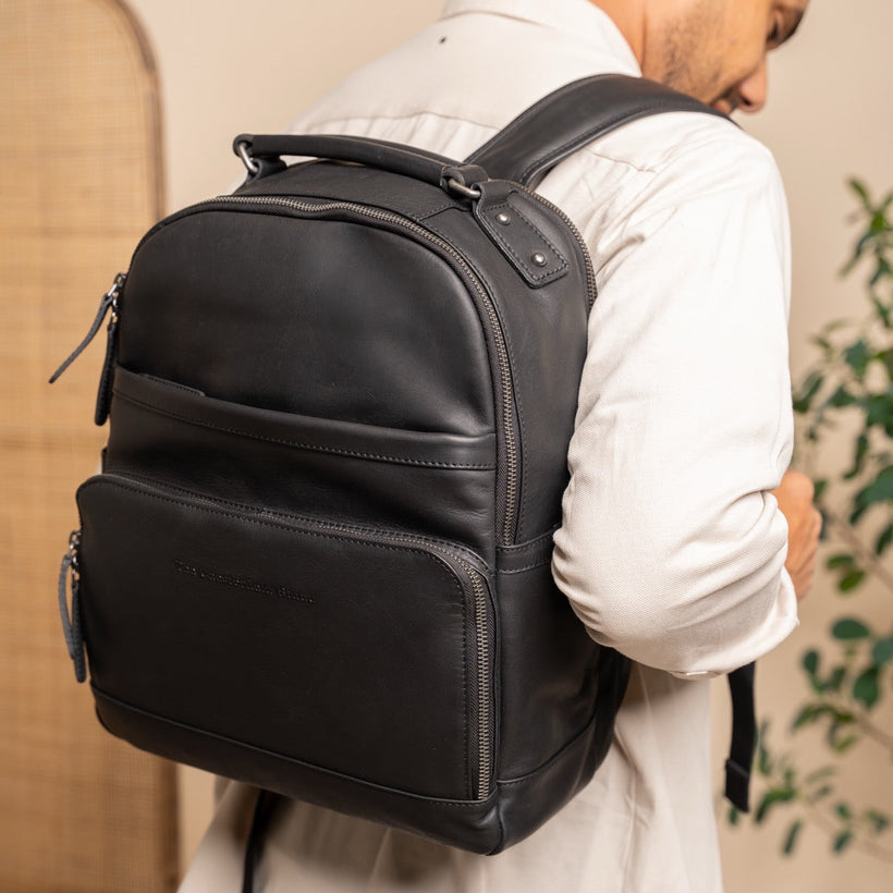 Black Leather Laptop Backpack Austin, front view