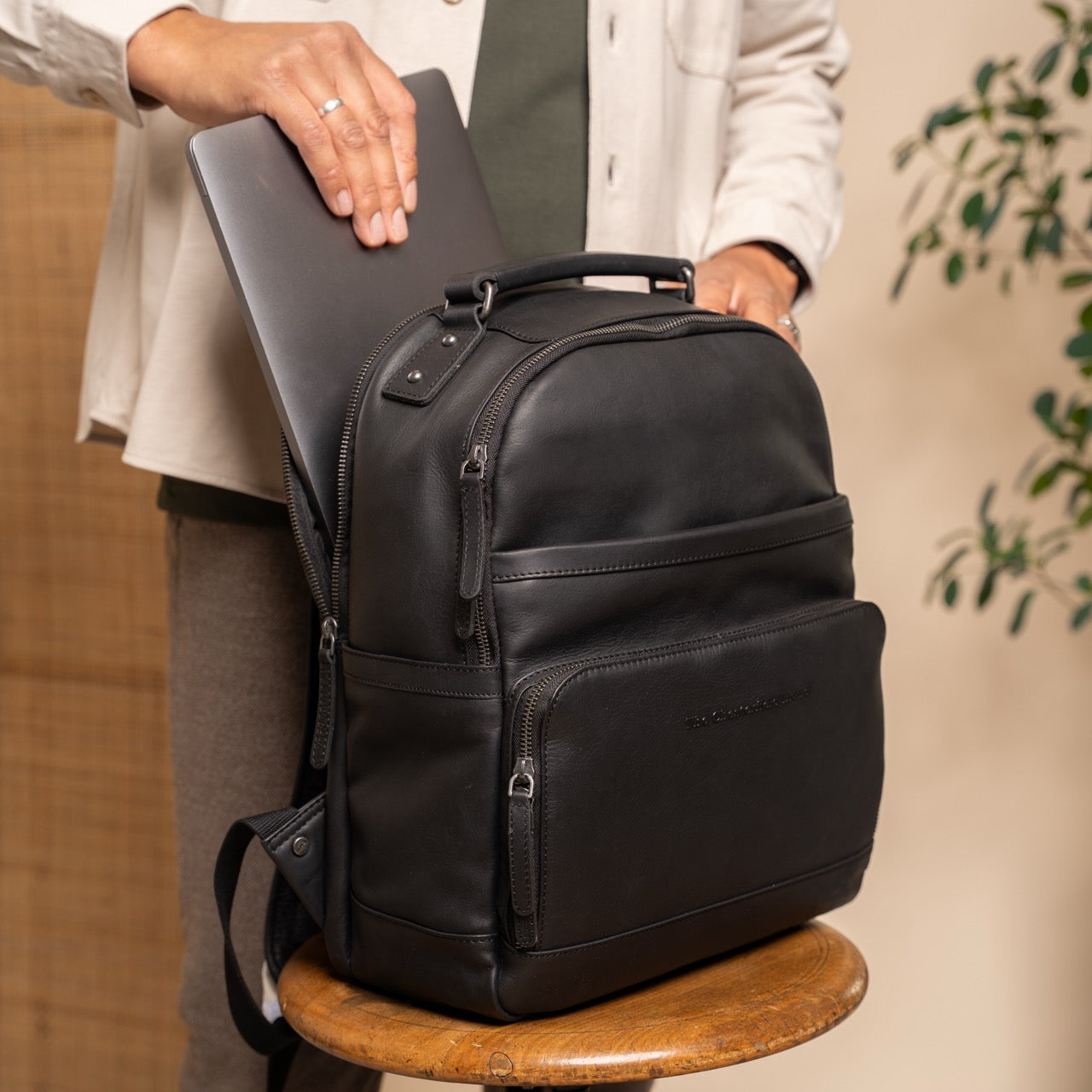 Black Leather Laptop Backpack Austin, product view 3
