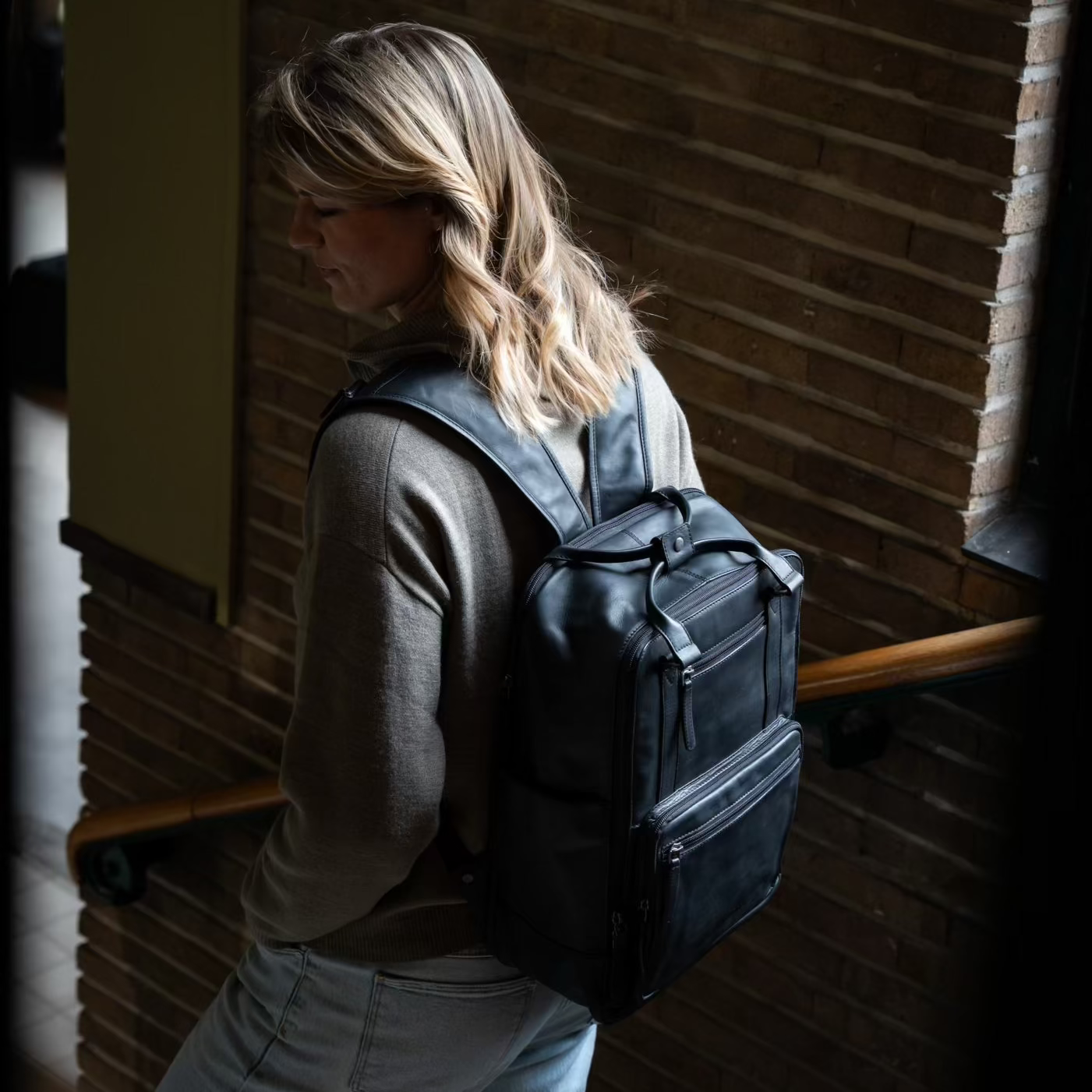 Black Leather Laptop Backpack Calden, product view 3