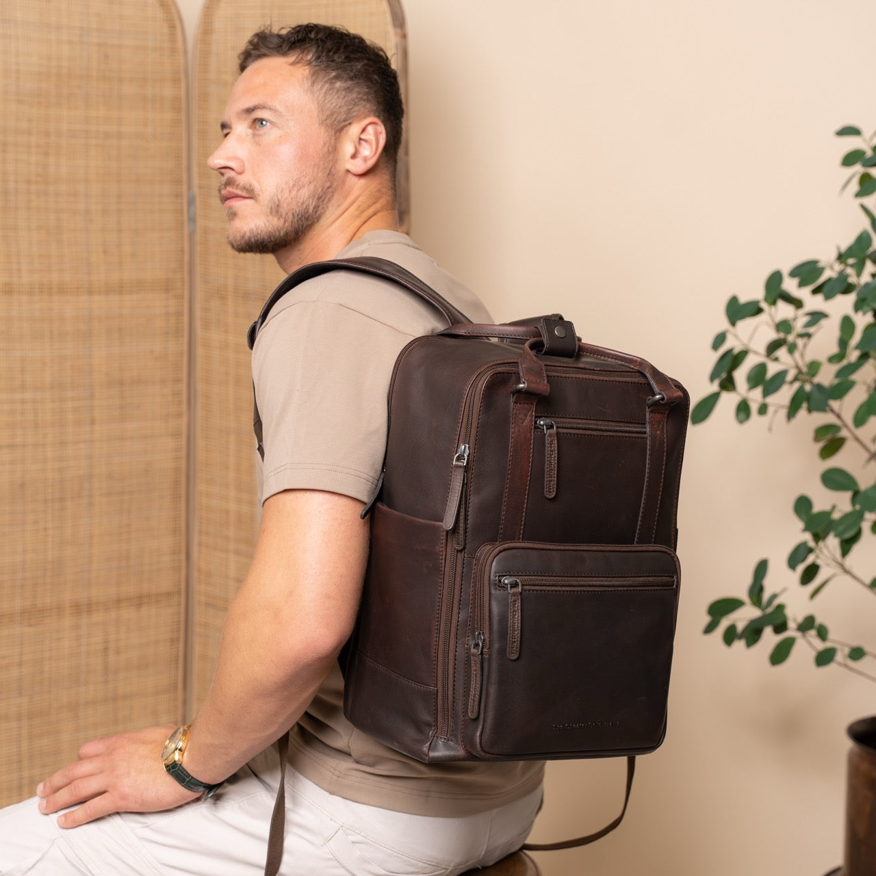 Brown Leather Laptop Backpack Calden, product view 2