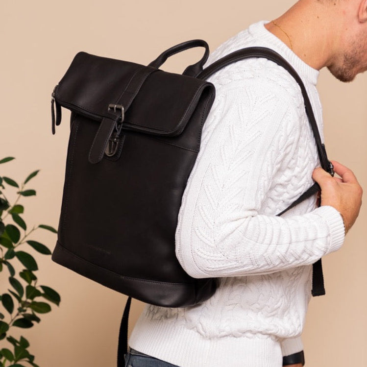 Black Leather Laptop Backpack Larsson, front view