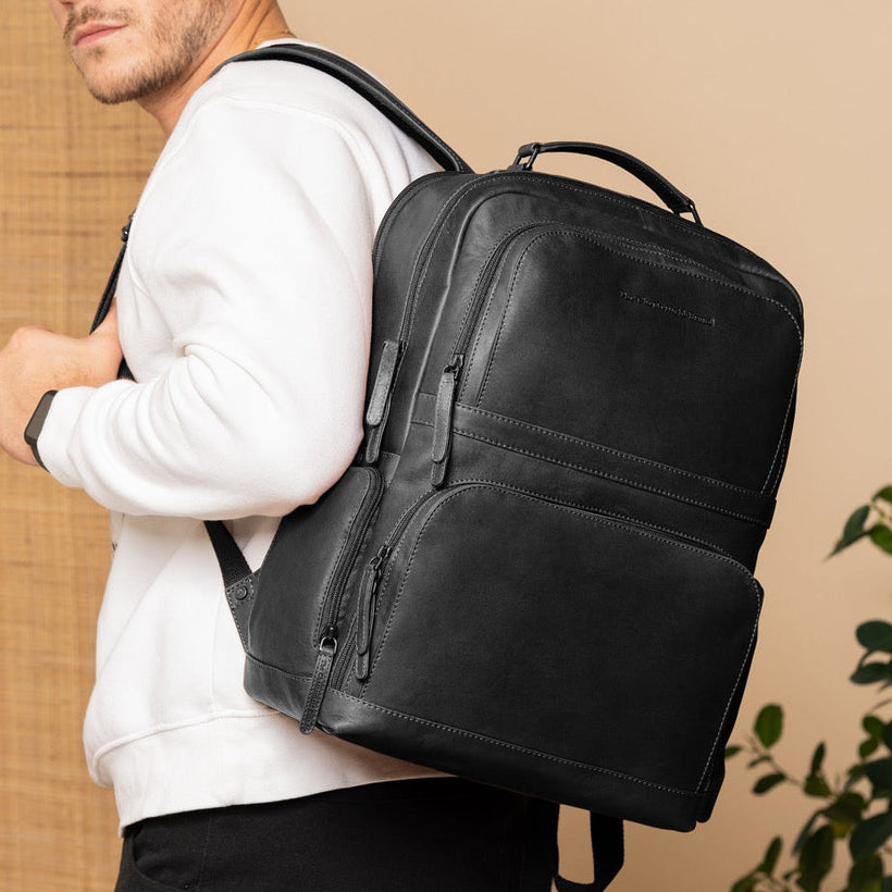 Black Leather Laptop Backpack Lennox, front view