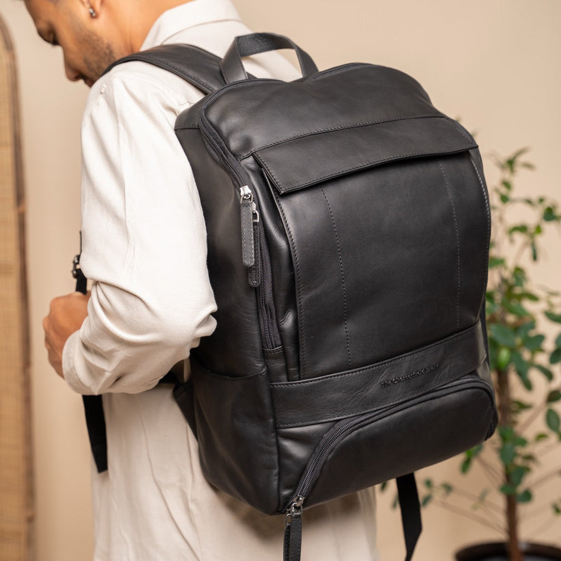 Black Leather Laptop Backpack Rich, front view