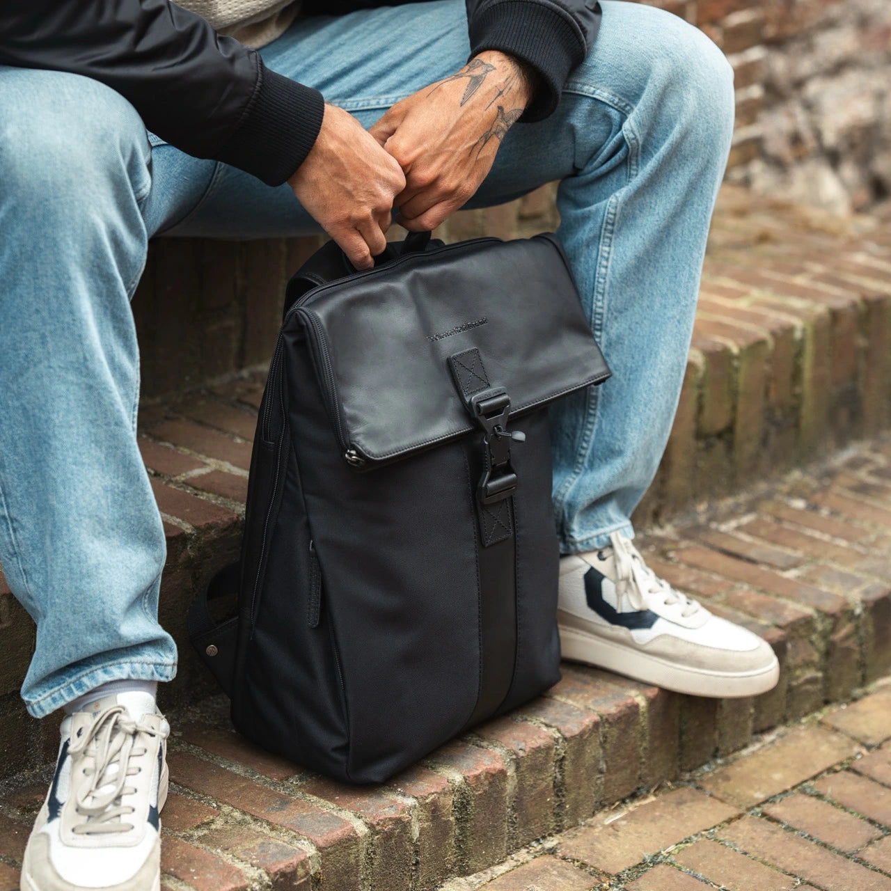 Black Leather Laptop Backpack Trondheim, product view 3