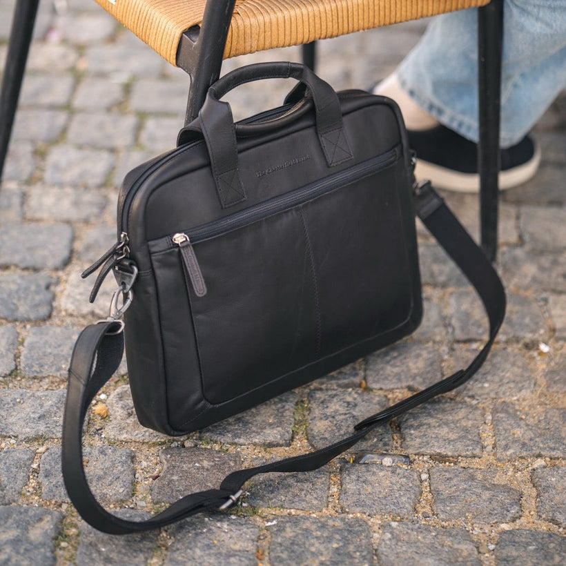 Black Leather Laptop Bag Calvi, front view