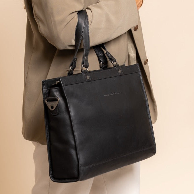 Black Leather Laptop Bag Manly, front view