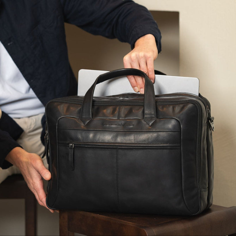 Black Leather Laptop Bag Ryan, front view