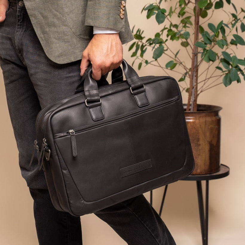 Black Leather Laptop Bag Seth, front view
