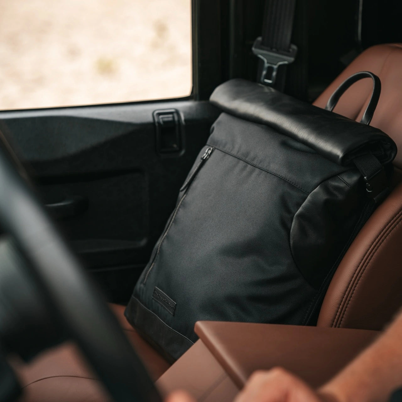 Black Leather Roll-top Backpack Bornholm, product view 2