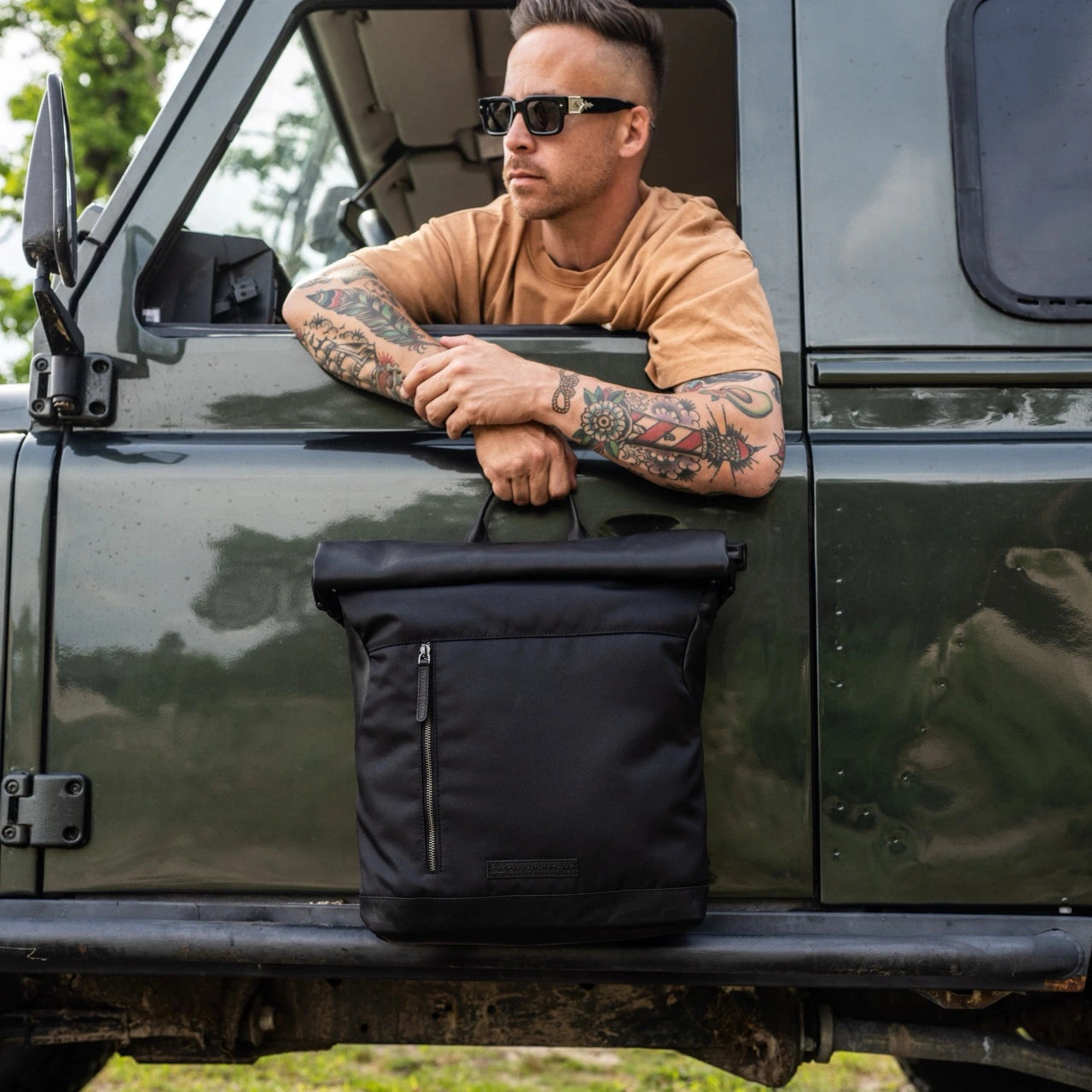 Black Leather Roll-top Backpack Bornholm, product view 3